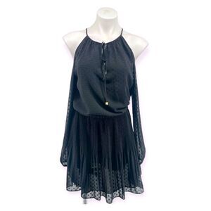 Michael Kors Black Cold Shoulder Swiss Dot Peasant Dress XS Pleated Skirt